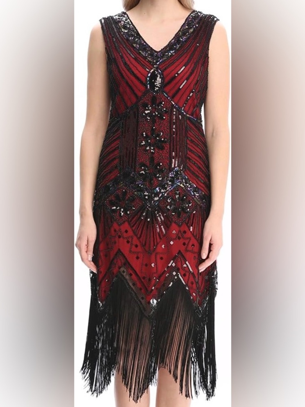 Babeyond Flapper Dresses 1920s V Neck Beaded Fringed Great Gatsby Dress L